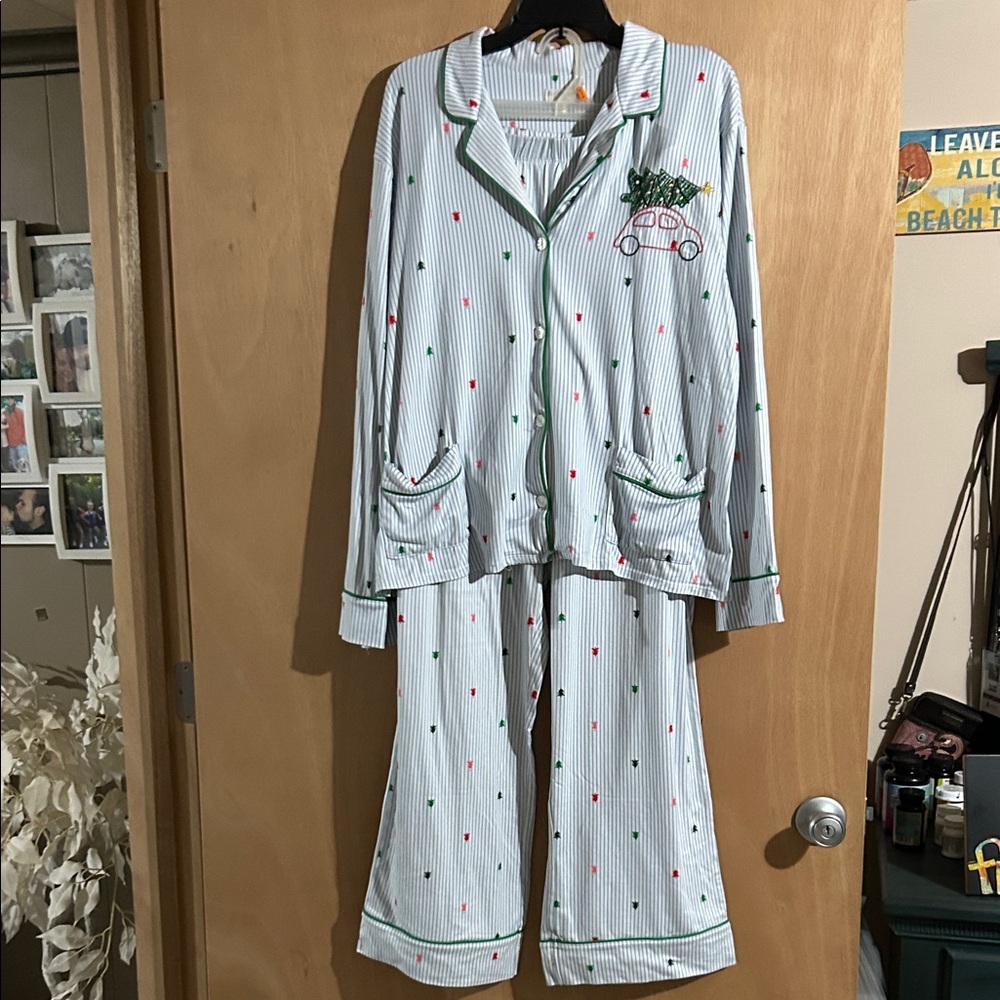 Beauty Sleep Social Striped Pajamas w/ Embroidered Car and Christmas Trees